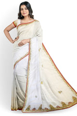 White Designer Wedding Partywear Georgette Stone Cutdana Zari Thread Hand Embroidery Work Bridal Saree Sari With Blouse Piece H124