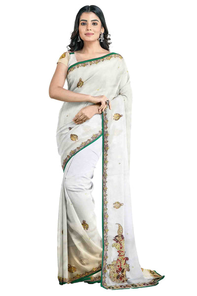 White Designer Wedding Partywear Georgette Stone Thread Zari Hand Embroidery Work Bridal Saree Sari With Blouse Piece H125