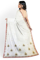 White Designer Wedding Partywear Georgette Cutdana Stone Thread Zari Hand Embroidery Work Bridal Saree Sari With Blouse Piece H126