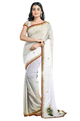 White Designer Wedding Partywear Georgette Cutdana Stone Gota Patti Hand Embroidery Work Bridal Saree Sari With Blouse Piece H128
