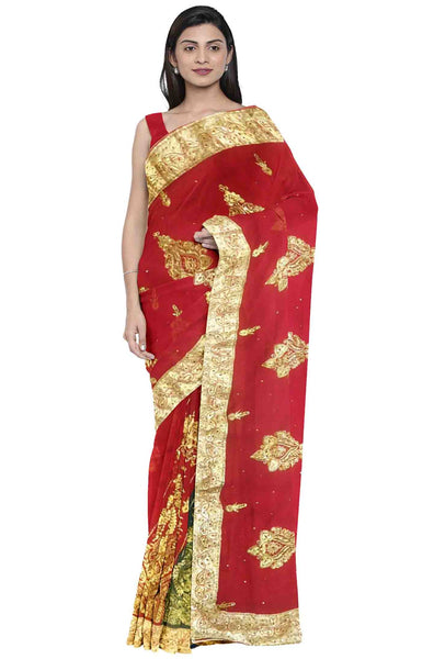 Red Designer Wedding Partywear Georgette Cutdana Stone Thread Lace Hand Embroidery Work Bridal Saree Sari With Blouse Piece H129