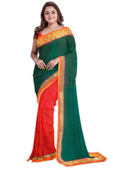 Green Red Designer Wedding Partywear Georgette Zari Sequence Hand Embroidery Work Bridal Saree Sari With Blouse Piece H130