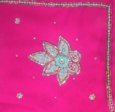 Pink Designer Wedding Partywear Georgette Cutdana Stone Thread Hand Embroidery Work Bridal Saree Sari With Blouse Piece H132
