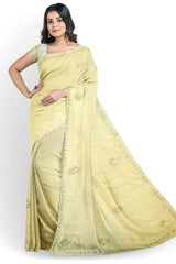 Cream Designer Wedding Partywear Georgette Cutdana Stone Pearl Hand Embroidery Work Bridal Saree Sari With Blouse Piece H133