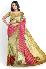Golden Pink Designer Wedding Partywear Georgette Stone Thread Sequence Zari Gota Patti Hand Embroidery Work Bridal Saree Sari With Blouse Piece H135