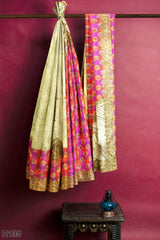Golden Pink Designer Wedding Partywear Georgette Stone Thread Sequence Zari Gota Patti Hand Embroidery Work Bridal Saree Sari With Blouse Piece H135