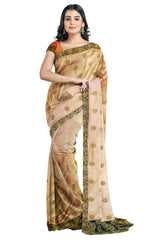 Golden Designer Wedding Partywear Georgette Stone Thread Zari Hand Embroidery Work Bridal Saree Sari With Blouse Piece H136