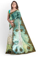 Turquoise Designer Wedding Partywear Georgette Stone Thread Zari Hand Embroidery Work Bridal Saree Sari With Blouse Piece H138