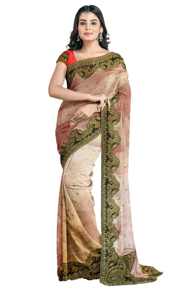 Rose Pink Golden Designer Wedding Partywear Georgette Stone Gota Patti Zari Hand Embroidery Work Bridal Saree Sari With Blouse Piece H139