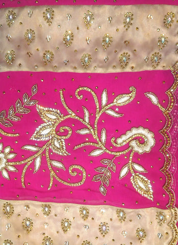 Pink Designer Wedding Partywear Georgette Beads Stone Pearl Thread Hand Embroidery Work Bridal Saree Sari With Blouse Piece H143