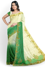Green Cream Designer Wedding Partywear Georgette Stone Cutdana Thread Hand Embroidery Work Bridal Saree Sari With Blouse Piece H145
