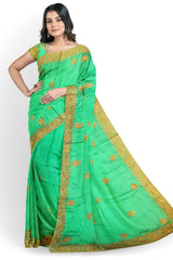 Green Designer Wedding Partywear Pure Satin Silk Bullion Stone Hand Embroidery Work Bridal Saree Sari With Blouse Piece H146