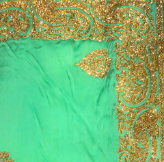 Green Designer Wedding Partywear Pure Satin Silk Bullion Stone Hand Embroidery Work Bridal Saree Sari With Blouse Piece H146