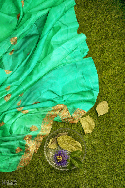 Green Designer Wedding Partywear Pure Satin Silk Bullion Stone Hand Embroidery Work Bridal Saree Sari With Blouse Piece H146