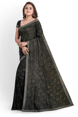Black Designer Wedding Partywear Pure Crepe Stone Beads Thread Hand Embroidery Work Bridal Saree Sari With Blouse Piece H147