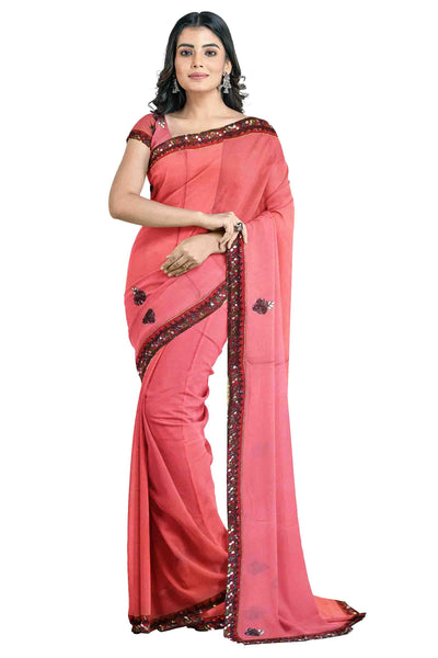 Pink Designer Wedding Partywear Crepe Bullion Cutdana Sequence Gota Patti Hand Embroidery Work Bridal Saree Sari With Blouse Piece H149