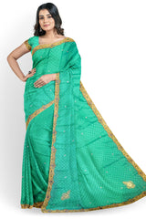 Turquoise Designer Wedding Partywear Crepe Stone Zari Thread Cutdana Hand Embroidery Work Bridal Saree Sari With Blouse Piece H150