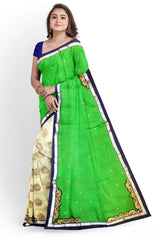 Green Cream Designer Wedding Partywear Pure Georgette Stone Thread Zari Hand Embroidery Work Bridal Saree Sari With Blouse Piece H151