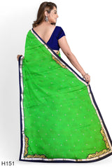 Green Cream Designer Wedding Partywear Pure Georgette Stone Thread Zari Hand Embroidery Work Bridal Saree Sari With Blouse Piece H151