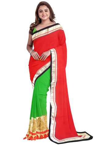 Red Green Designer Wedding Partywear Georgette Thread Sequence Zari Hand Embroidery Work Bridal Saree Sari With Blouse Piece H154