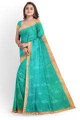 Turquoise Designer Wedding Partywear Pure Crepe Stone Thread Zari Bullion Hand Embroidery Work Bridal Saree Sari With Blouse Piece H156