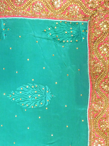 Turquoise Designer Wedding Partywear Pure Crepe Stone Thread Zari Bullion Hand Embroidery Work Bridal Saree Sari With Blouse Piece H156