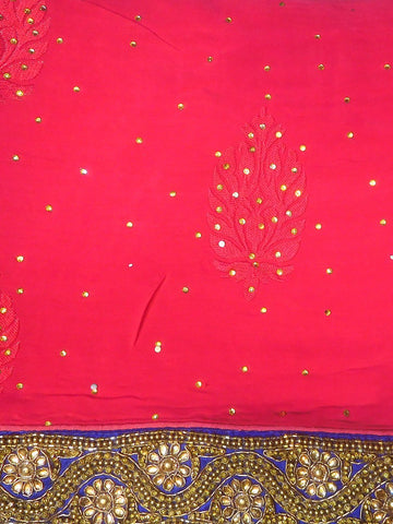 Pink Designer Wedding Partywear Pure Crepe Stone Thread Zari Bullion Hand Embroidery Work Bridal Saree Sari With Blouse Piece H157