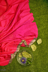 Pink Designer Wedding Partywear Pure Crepe Stone Thread Zari Bullion Hand Embroidery Work Bridal Saree Sari With Blouse Piece H157