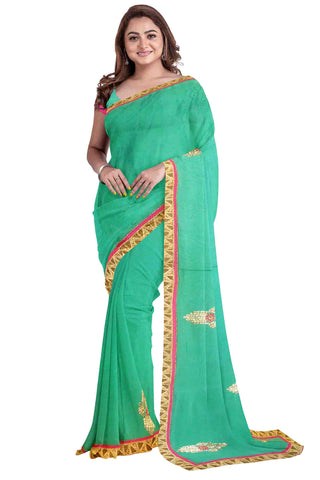 Turquoise Designer Wedding Partywear Crepe Stone Thread Zari Beads Hand Embroidery Work Bridal Saree Sari With Blouse Piece H158