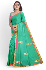 Turquoise Designer Wedding Partywear Crepe Stone Thread Zari Beads Hand Embroidery Work Bridal Saree Sari With Blouse Piece H158