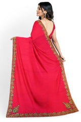 Pink Designer Wedding Partywear Georgette Stone Thread Cutdana Bullion Hand Embroidery Work Bridal Saree Sari With Blouse Piece H159