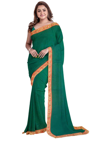 Green Designer Wedding Partywear Crepe Beads Stone Sequence Cutdana Hand Embroidery Work Bridal Saree Sari With Blouse Piece H160