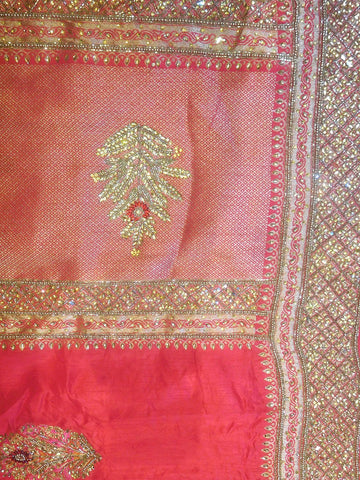 Red Designer Wedding Partywear Ghatchola Silk Stone Cutdana Self Wooven Zari Hand Embroidery Work Bridal Saree Sari With Blouse Piece H165