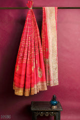 Red Designer Wedding Partywear Ghatchola Silk Stone Cutdana Self Wooven Zari Hand Embroidery Work Bridal Saree Sari With Blouse Piece H165