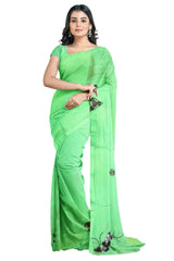 Green Designer Wedding Partywear Crepe Thread Bullion Sequence Hand Embroidery Work Bridal Saree Sari With Blouse Piece H166