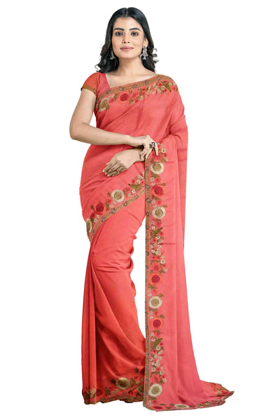 Pink Designer Wedding Partywear Crepe Thread Cutdana Stone Hand Embroidery Work Bridal Saree Sari With Blouse Piece H168