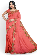 Pink Designer Wedding Partywear Crepe Thread Cutdana Stone Hand Embroidery Work Bridal Saree Sari With Blouse Piece H168