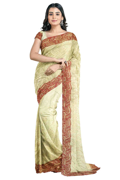 Off-White Designer Wedding Partywear Georgette Stone Zari Hand Embroidery Work Bridal Saree Sari With Blouse Piece H170