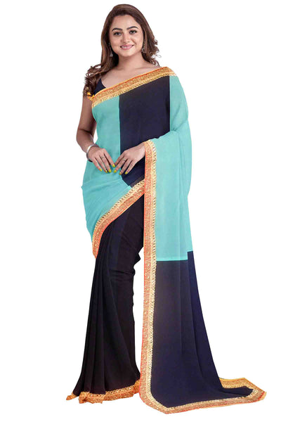 Navi Blue Light Blue Designer Wedding Partywear Georgette Stone Zari Hand Embroidery Work Bridal Saree Sari With Blouse Piece H171