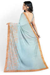 Light Blue Designer Wedding Partywear Georgette Stone Sequence Thread Cutdana Hand Embroidery Work Bridal Saree Sari With Blouse Piece H172