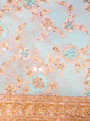 Light Blue Designer Wedding Partywear Georgette Stone Sequence Thread Cutdana Hand Embroidery Work Bridal Saree Sari With Blouse Piece H172