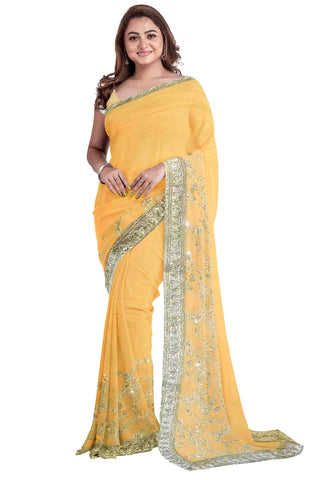 Yellow Designer Wedding Partywear Georgette Stone Sequence Thread Cutdana Hand Embroidery Work Bridal Saree Sari With Blouse Piece H173