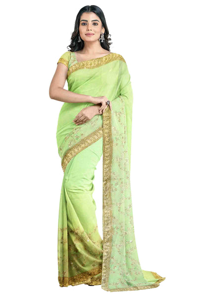 Pista Green Designer Wedding Partywear Georgette Stone Sequence Thread Cutdana Hand Embroidery Work Bridal Saree Sari With Blouse Piece H174