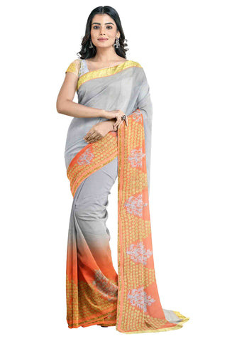 Grey Orange Designer Wedding Partywear Georgette Stone Thread Zari Cutdana Hand Embroidery Work Bridal Saree Sari With Blouse Piece H175