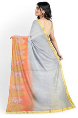 Grey Orange Designer Wedding Partywear Georgette Stone Thread Zari Cutdana Hand Embroidery Work Bridal Saree Sari With Blouse Piece H175