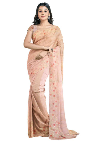 Peach Designer Wedding Partywear Dola Silk Thread Sequence Beads Hand Embroidery Work Bridal Saree Sari With Blouse Piece H176