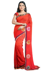 Red Designer Wedding Partywear Georgette Stone Cutdana Sequence Gota Patti Hand Embroidery Work Bridal Saree Sari With Blouse Piece H177