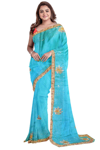 Blue Designer Wedding Partywear Crepe Stone Thread Zari Pearl Cutdana Hand Embroidery Work Bridal Saree Sari With Blouse Piece H196
