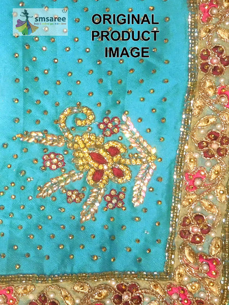Blue Designer Wedding Partywear Crepe Stone Thread Zari Pearl Cutdana Hand Embroidery Work Bridal Saree Sari With Blouse Piece H196