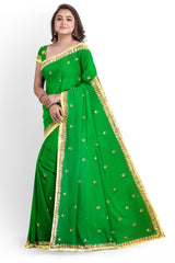 Green Designer Wedding Partywear Georgette Beads Cutdana Zari Hand Embroidery Work Bridal Saree Sari With Blouse Piece H197
